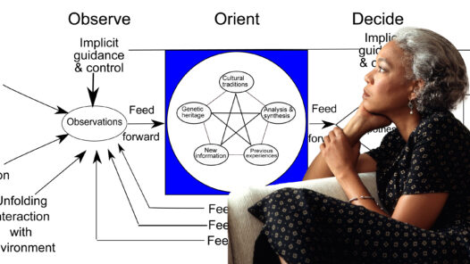 Woman pondering the future with OODA Loop diagram in the background